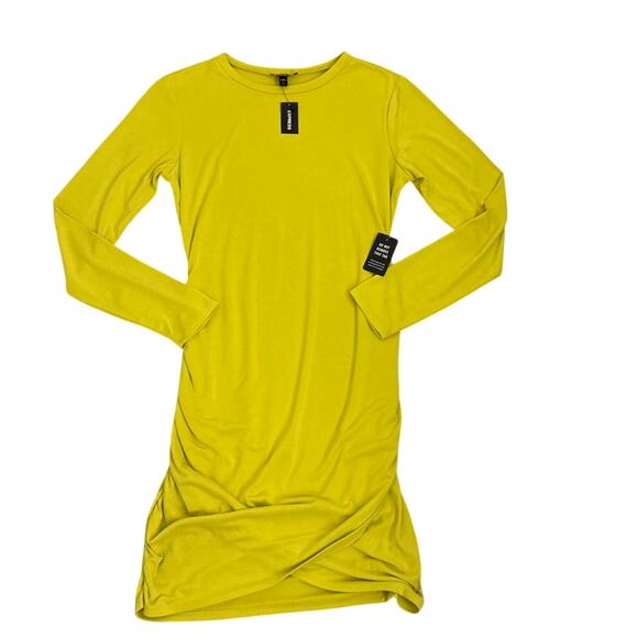 NWT Express Silky Sueded Jersey Ruched Long Sleeve Lime Green Dress Size  Medium